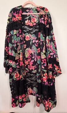 Est. 1946 Floral Lace Kimono Cardigan Duster Plus Size 26/28W Black Multi Boho